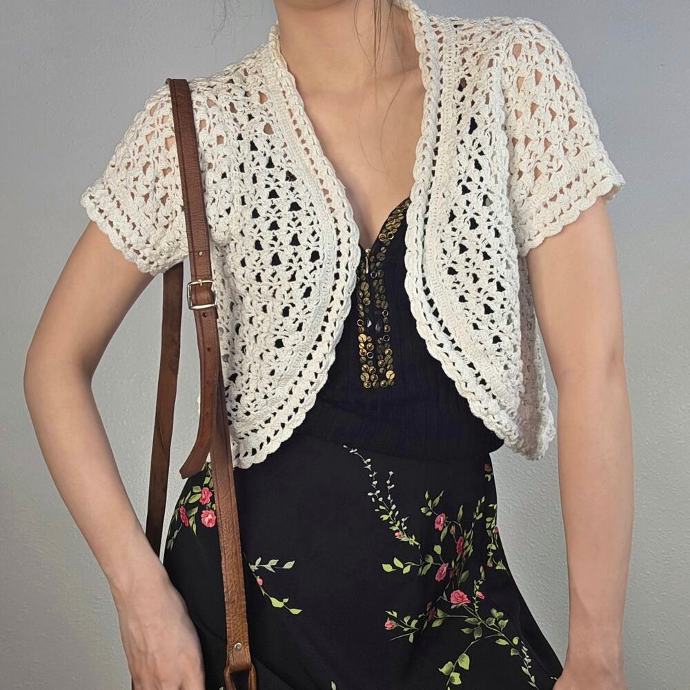 Crochet Cardigan Shrug Fisherman Core Coastal Grandma Boho Knit Top Size Medium